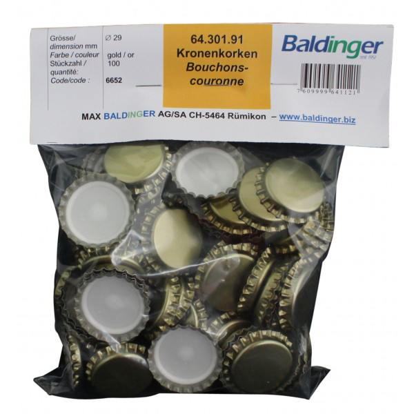 Bouchons-couronne 29 mm or 100 pièces/sachet joint PVC Bouchons-couronne 29 mm or 100 pièces/sachet joint PVC